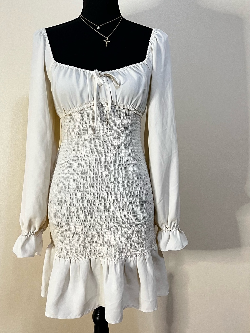 Express Cream Smocked Long-Sleeve Mini Dress